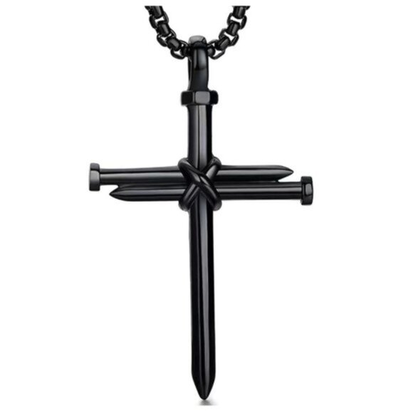 Cross 3 Nail Necklace Religious Statement Piece Pendant Chain w Gift Pouch Black - Picture 16 of 16